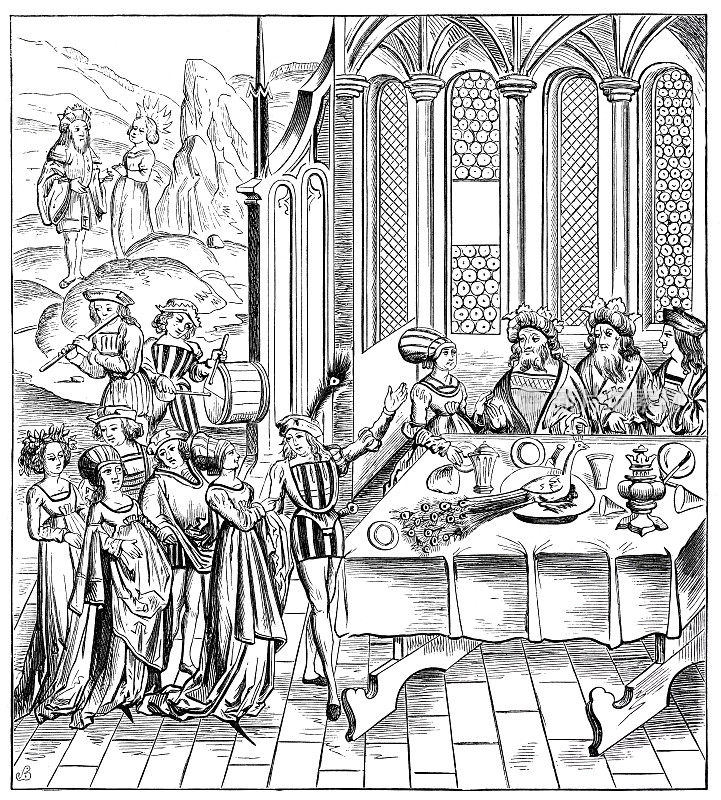 中世纪的晚宴，桌上有孔雀1517