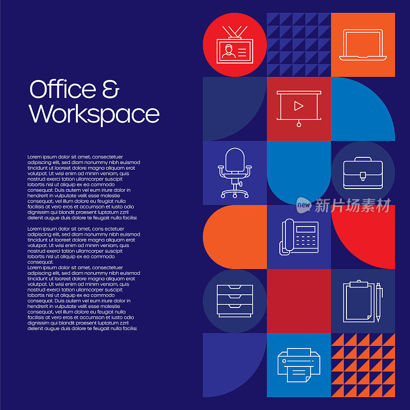 办公室和工作空间相关的设计与线图标。简单轮廓符号图标。采购产品电脑，书桌，演示文稿，电话，办公用品。