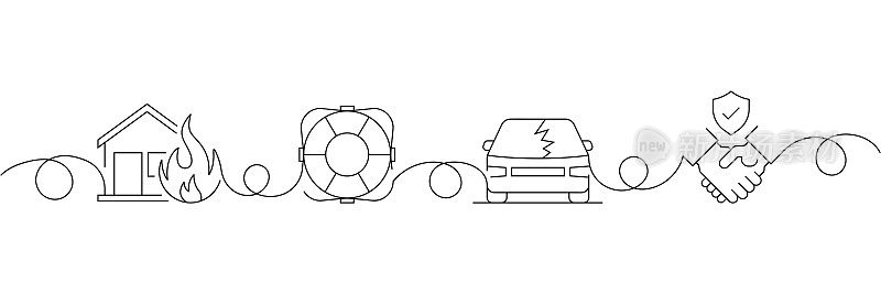 连续一条线绘制保险和保护图标的概念。单线矢量插图。家庭，支持，汽车，保险代理。