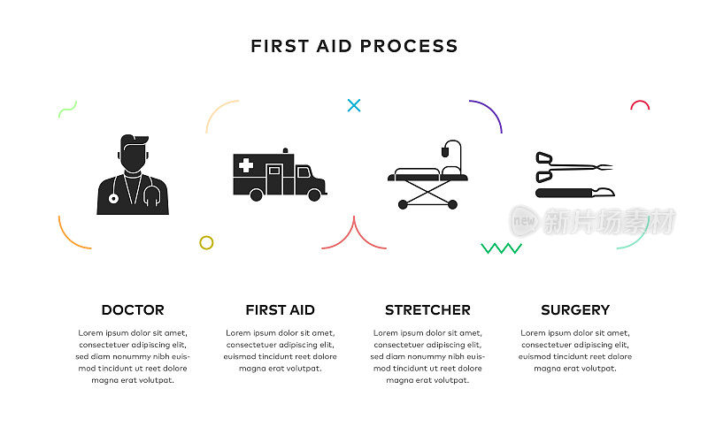 急救过程概念信息图表设计与4步固体图标
