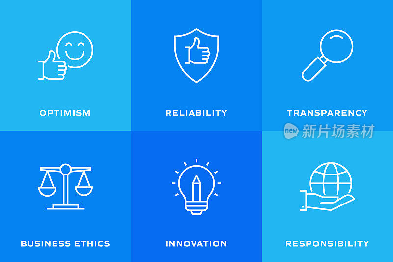 核心价值相关的线图标，轮廓矢量符号说明。