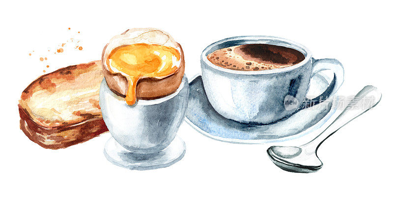 早餐是溏心鸡蛋、烤面包和一杯咖啡。手绘水彩插图孤立的白色背景