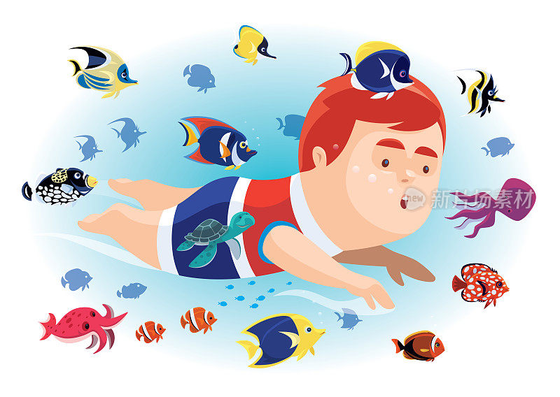 小男孩和热带鱼一起潜水