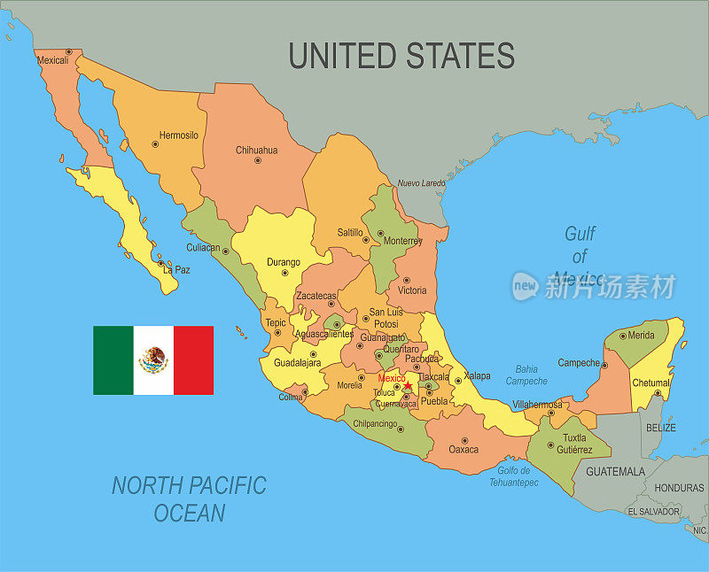 带有旗帜的墨西哥平面地图