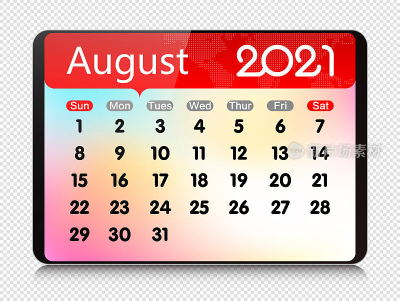 矢量2020年8月日历上的数字平板隔离