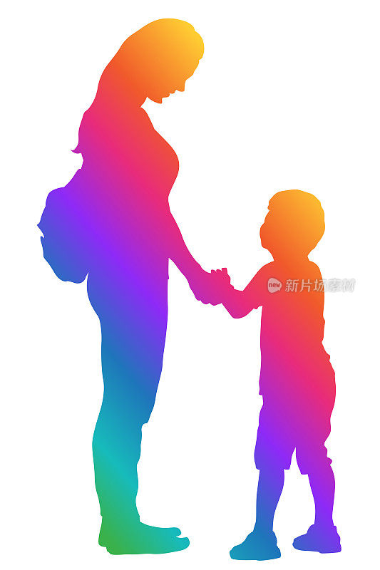 母亲和儿子剪影彩虹