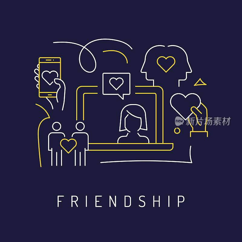 友谊和关系概念，现代线条艺术图标背景。线性风格矢量插图。