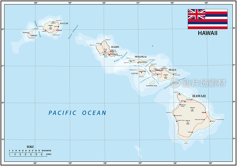 矢量地图的美国夏威夷州与旗帜