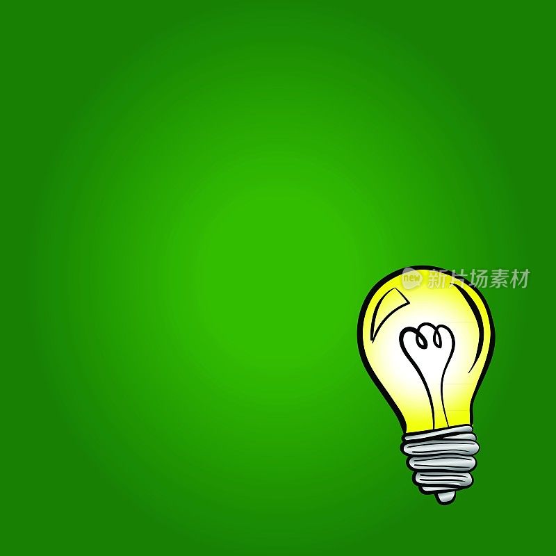 绿色背景上有拷贝空间的发光黄色灯泡的插图