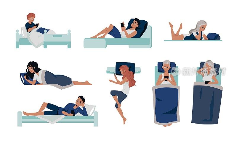 手机在床上。卡通人物躺在床上。孤独的男男女女在晚上看新闻聊天。智能手机休闲娱乐。沉迷于电子产品，矢量床