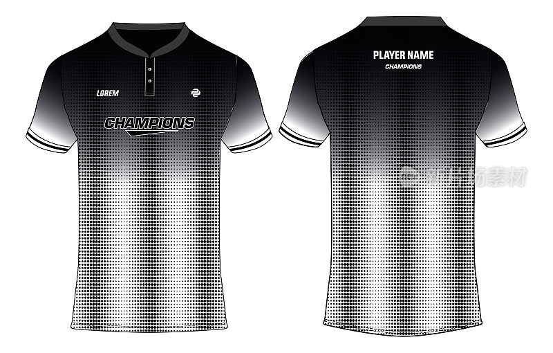 运动马球领t恤运动衫设计矢量模板，足球运动衫概念与前和后视图的足球，板球，网球和羽毛球制服