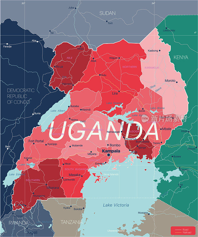 乌干达国家详细的可编辑地图