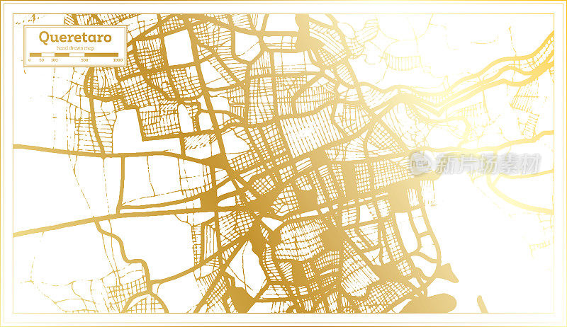 克雷塔罗墨西哥城地图在复古风格的金色。略图。