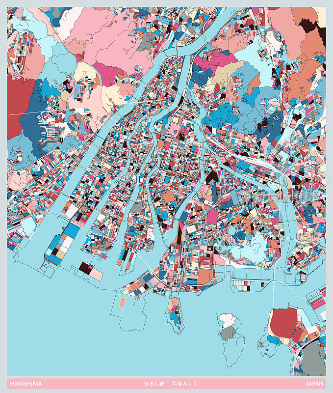 彩色艺术插画风格地图，广岛城市，日本