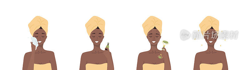 面部按摩的步骤。非洲妇女用玉石滚轮做面部美容spa。早晨例行公事。皮肤护理的概念。有机产品。矢量插图在平面卡通风格