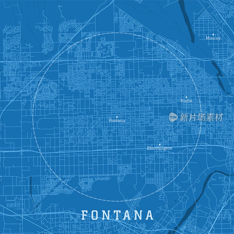 丰塔纳CA城市矢量道路地图蓝色文本