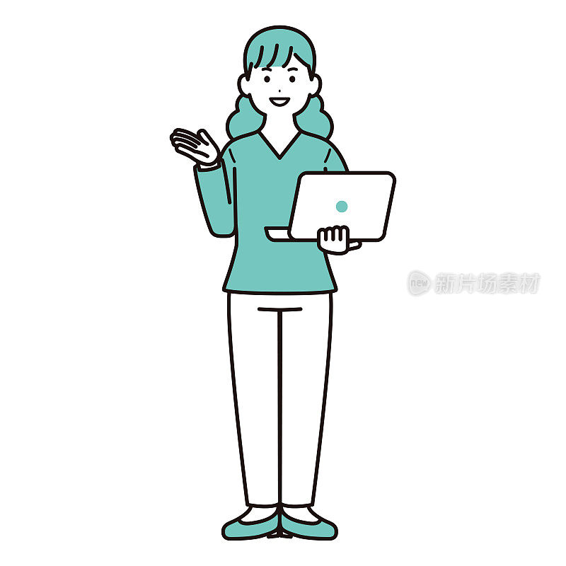 一个穿着便服的商人手里拿着一台个人电脑进行解释的插图素材。女人。普通的衣服。全身。