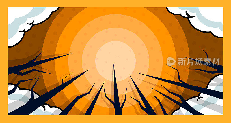 漫画风格的背景在橙色与树枝作为太阳爆发，星爆发或阳光。适合恐怖、恐怖、惊悚的主题。