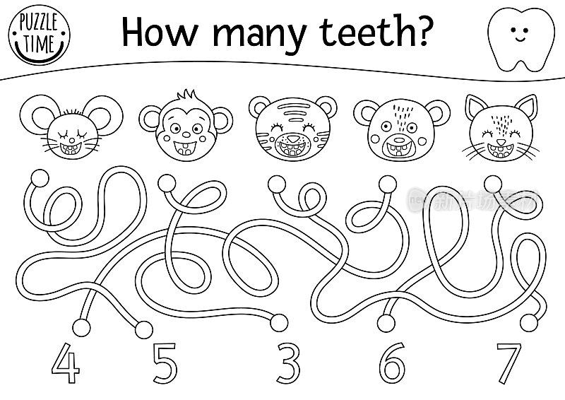 儿童黑白牙科护理迷宫。学前教育大纲的数学活动与牙齿的动物。有趣的线拼图或着色页。儿童数数迷宫。有多少牙齿
