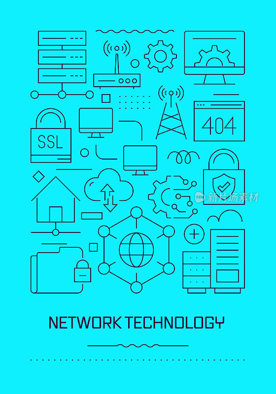 网络技术相关的现代线设计小册子，海报，传单，演示模板矢量插图