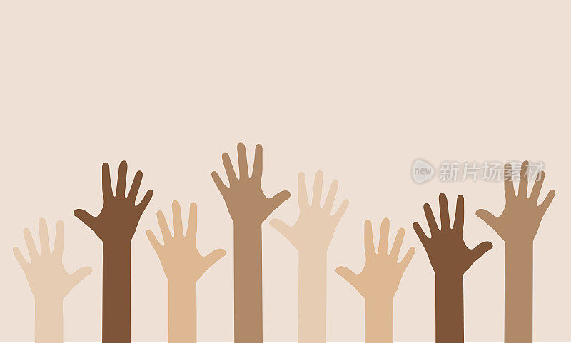 举手。不同国籍的人。向量旗举起了手。多元文化的和谐。和平标志的平等。矢量插图。每股收益10