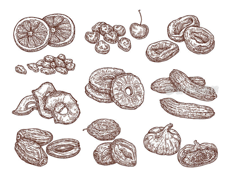 速写组干果。矢量手绘的日期，葡萄干，无花果，梅干，杏干，香蕉和菠萝。健康的零食