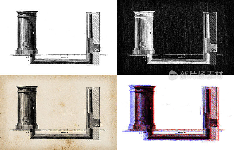 科学发现的古董插图:壁炉，炉子，加热器和烟囱