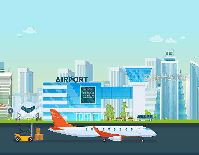 机场候机楼及飞机、出租车、汽车、装载机。