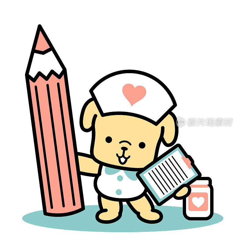 可爱的狗护士站着拿着彩色铅笔和病历
