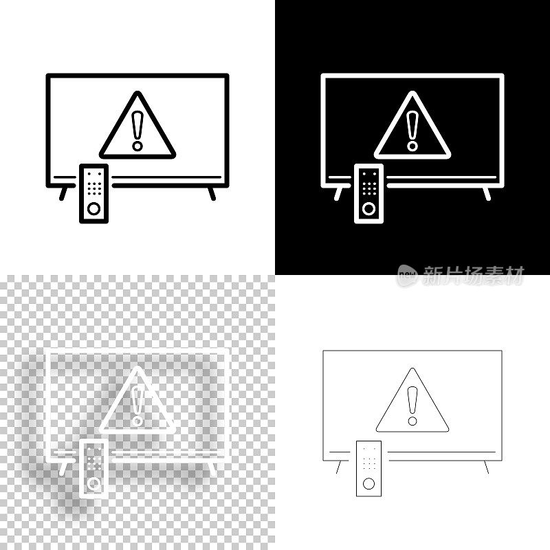 电视与危险警告注意。图标设计。空白，白色和黑色背景-线图标