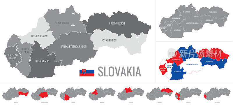 斯洛伐克地区的详细矢量地图与国旗