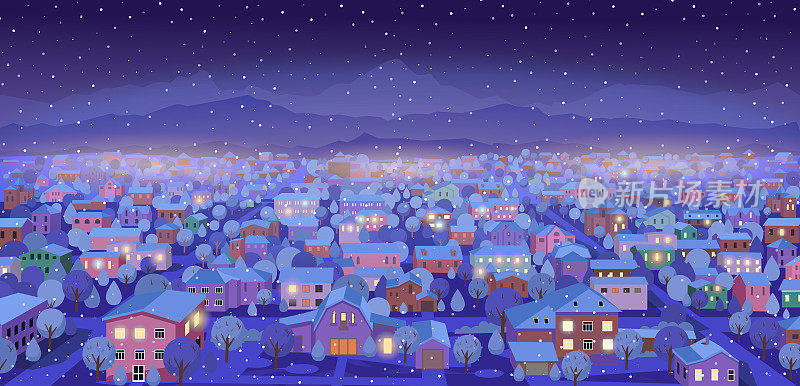 冬季夜晚的郊区山景。透视图与道路和房屋。卡通矢量图
