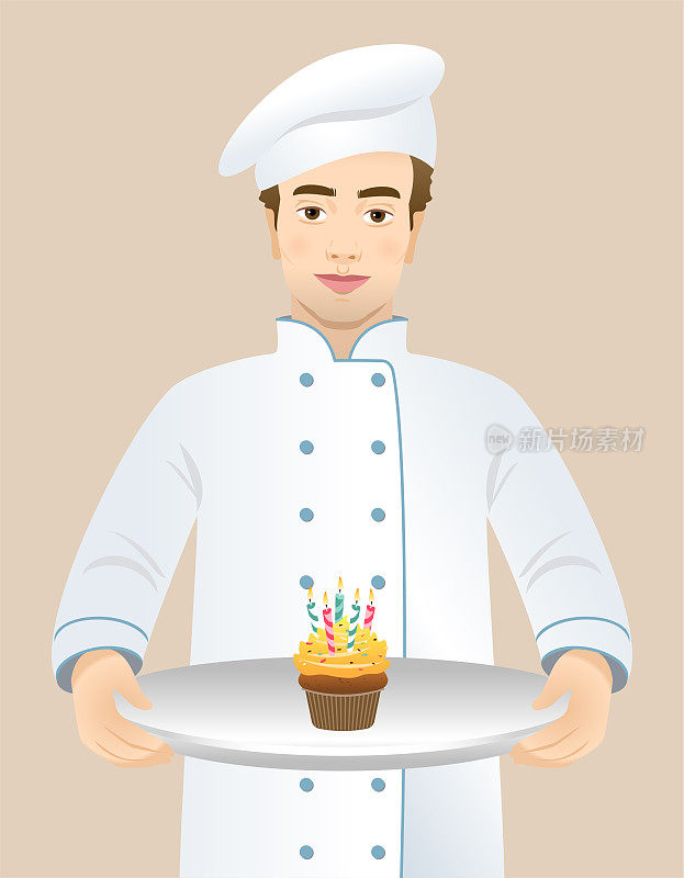 厨师拿着一个盛着生日纸杯蛋糕的盘子