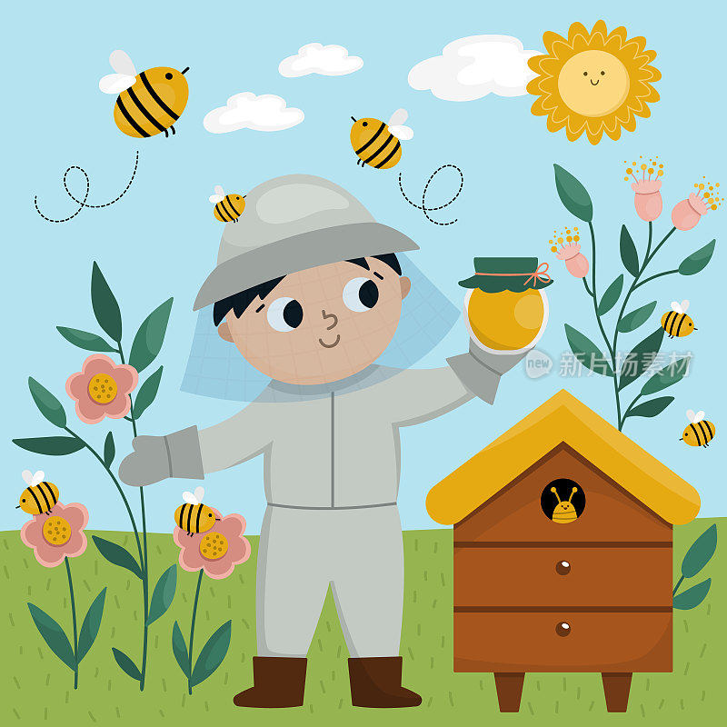 向量场景与养蜂人蜂蜜罐，蜜蜂，蜂箱。可爱的孩子做农活的图标。乡村乡村的农民景观。穿着防护服的孩子。搞笑农场现场演示