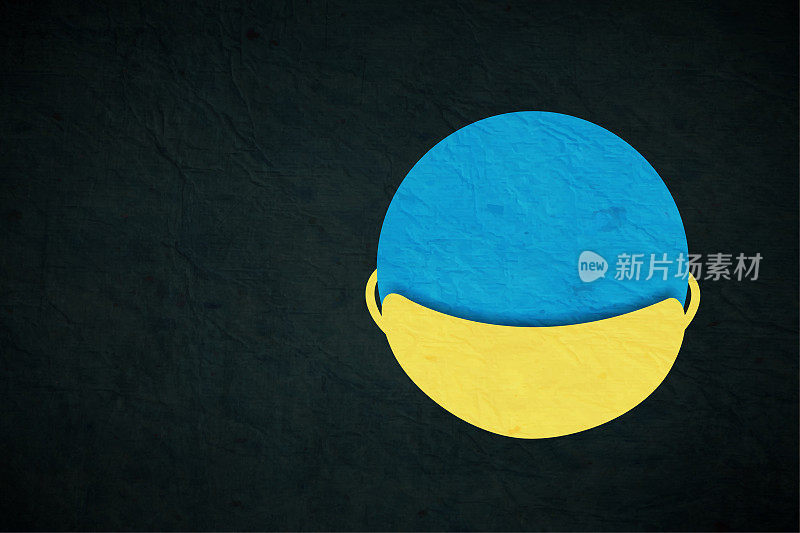 一个暗黑色的水平矢量背景与一个蓝色的圆形或球体或象征性的蒙面行星地球在充满活力的亮黄色面具