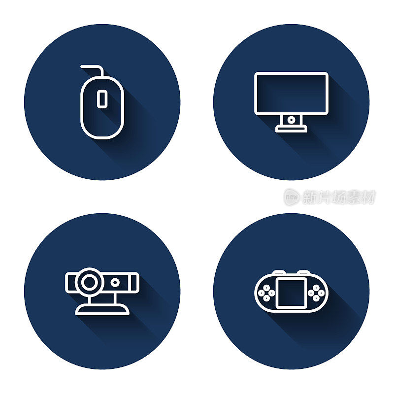可设置电脑鼠标、显示器、网络摄像头、便携式视频游戏机等。蓝色圆按钮。向量