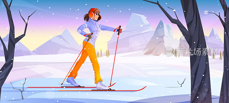 冬天的风景与女孩走在雪地上滑雪