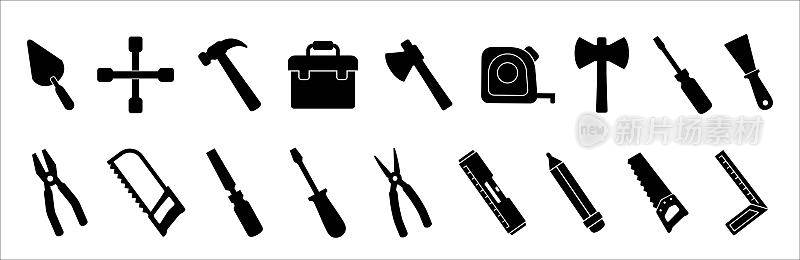 工具图标集。建筑和木匠矢量图标集。建筑工具的迹象。包含轴，凸耳扳手，角，工具箱，扳手，钢锯，锤子和螺丝刀的符号。