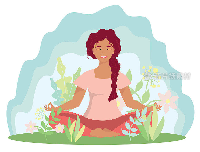 一个女人在大自然、树叶和日落中冥想。瑜伽，冥想，放松，放松，健康的生活方式。平面卡通风格的矢量插图