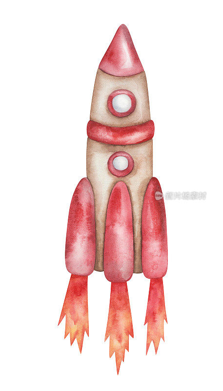 手绘火箭在太空飞行的水彩插图。红色和米色的宇宙飞船。飞船用火。孤立的卡通剪辑艺术元素为儿童织物织物印花