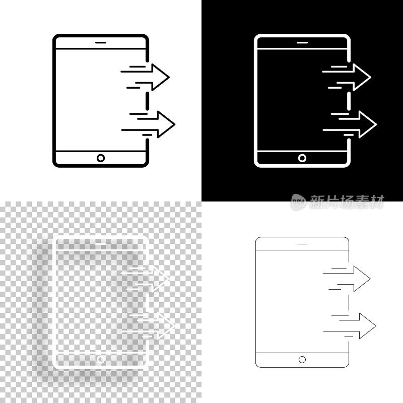 从平板电脑发送。图标设计。空白，白色和黑色背景-线图标