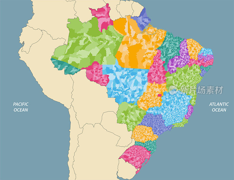巴西州和市向量高详细地图与邻国和领土