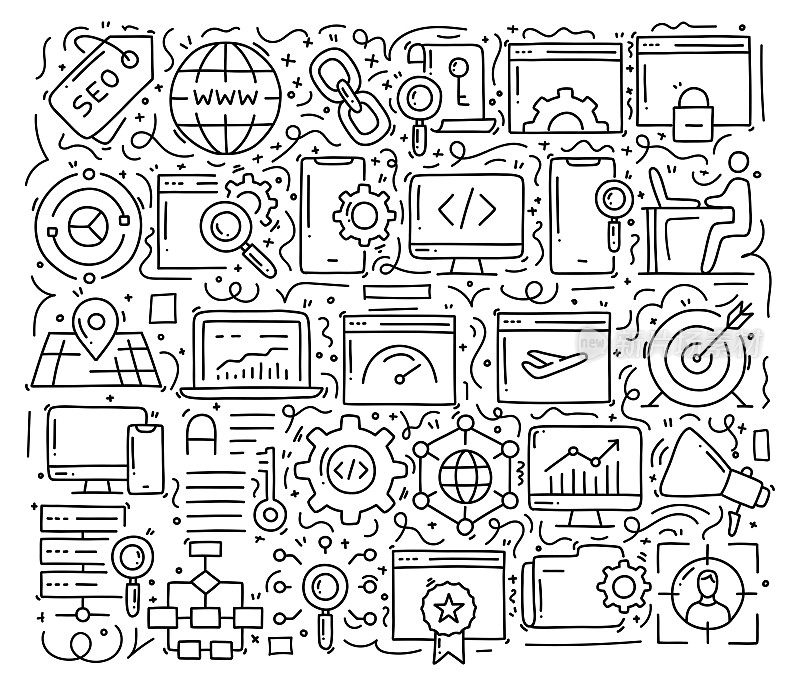 SEO相关的对象和元素。手绘矢量涂鸦插图集合。手绘图案设计