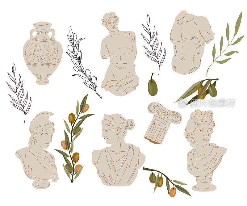 套古希腊罗马大理石雕塑和橄榄枝，平面矢量。