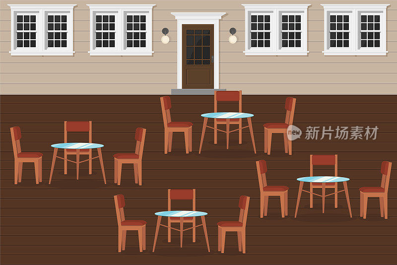 有木制桌椅的餐厅露台