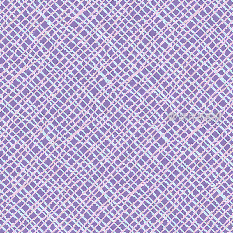 矢量无缝几何抽象图案以浅蓝色、粉色、淡紫色粉彩交叉对角波浪线和条纹为图案的棉织物、细布