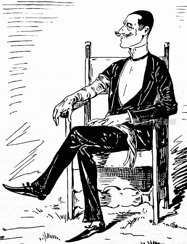 这位男士穿着黑色正装，盘腿坐在椅子上，留着小胡子，脚穿尖头鞋，戴单片眼镜，头发打了发胶