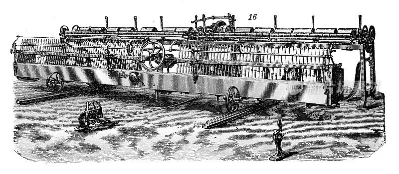 古董插画、应用机械、纺织工业:纺纱机械
