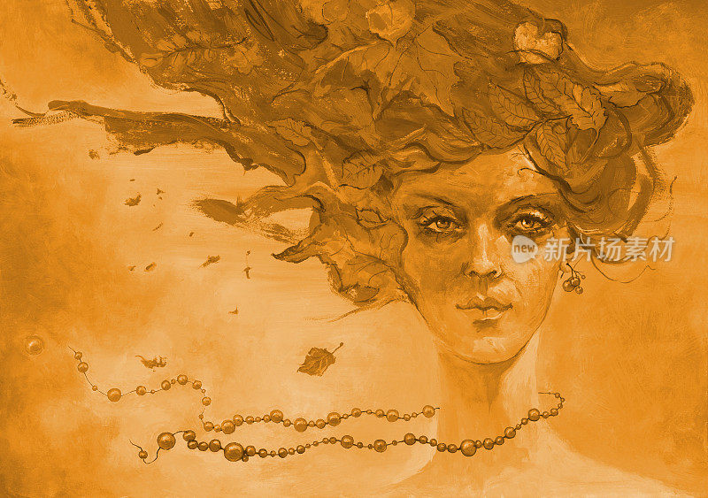 插图油画在深褐色肖像的一个女孩的发型秋叶和成熟的浆果珠对着天空