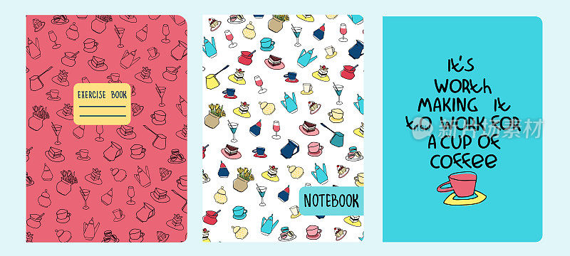 封面页面模板基于咖啡馆对象，蛋糕，其他对象的模式。笔记本、日记的背景